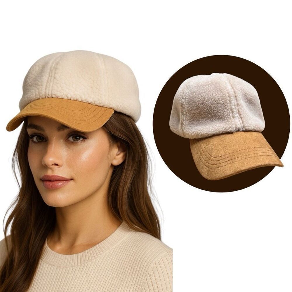 NWOT Sherpa Cap Beige with Brown Faux Suede UNISEX Adjustable